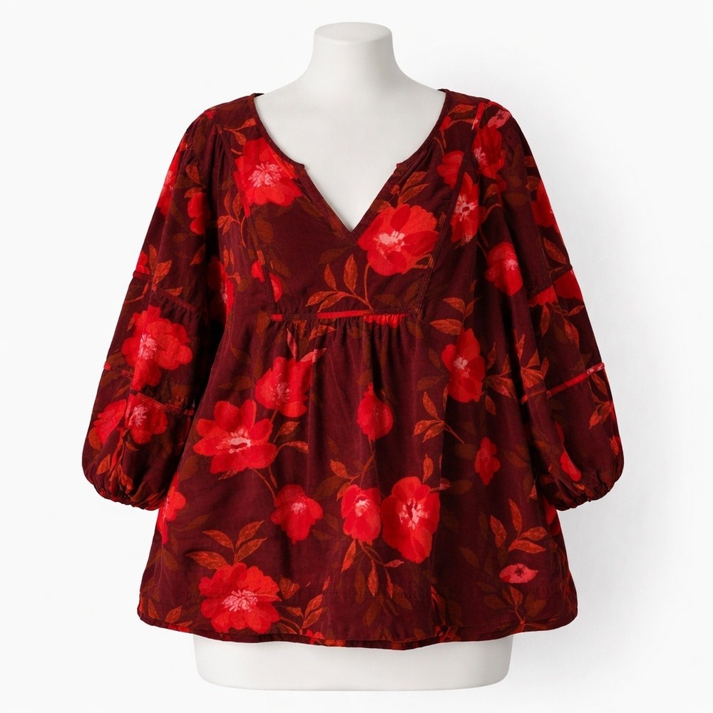 SONOMA Women's Plus Size 3X Burgundy Fall Floral Print Corduroy V Neck Tunic Top